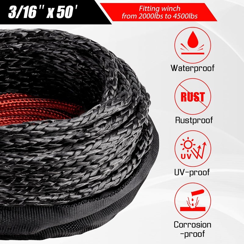 AUTODUNK Synthetic Winch Rope-3/16 x 50ft 8,450LBS Winch Line with 4-7/8" Fairlead, Forged Winch Hook and Rubber Stopper, Protective Sleeve Synthetic Winch Cable for 4WD ATV UTV Offroad Vehicles Black - Image 2